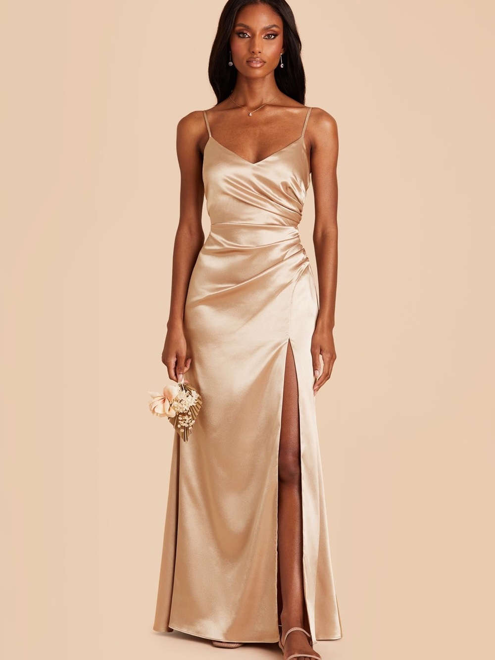 Birdy Grey Satin V-Neck Maxi Dress in Shiny Gold Size S